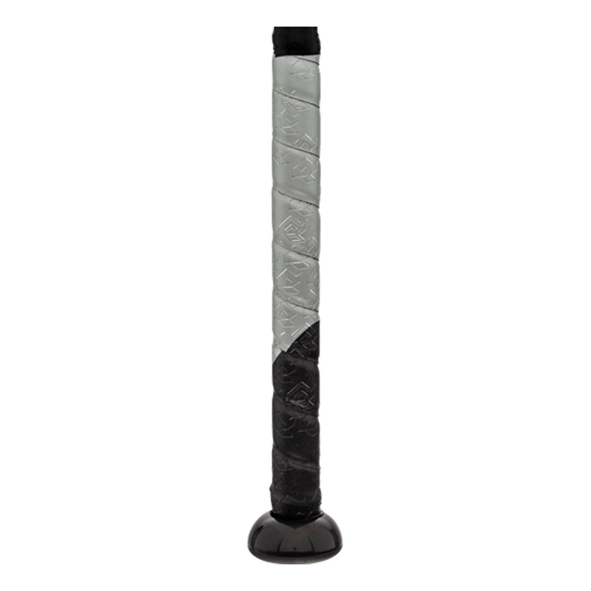 Close-up of a black baseball bat grip with silver accents and a black end cap.