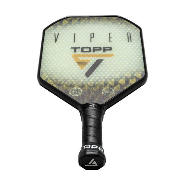 Top-down view of a black pickleball paddle with VIPER and TOPP branding, and a USA logo.