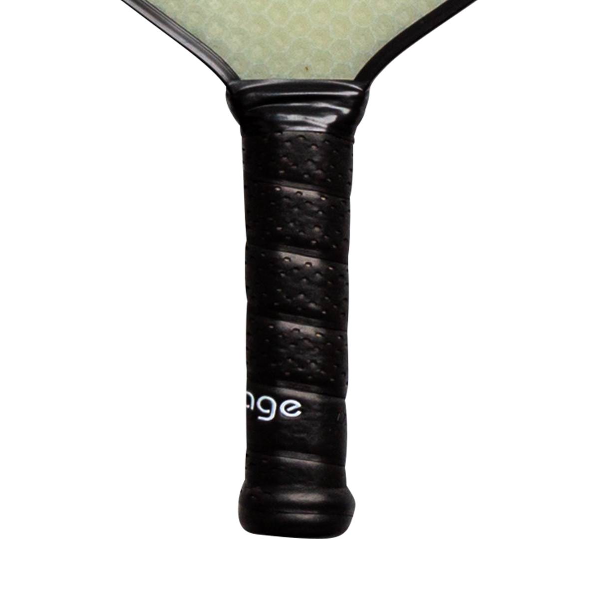 Close-up of a black pickleball paddle grip with textured surface and white age branding.