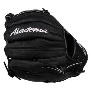 Front view of a black baseball glove with white Akadema embroidery and black lacing.