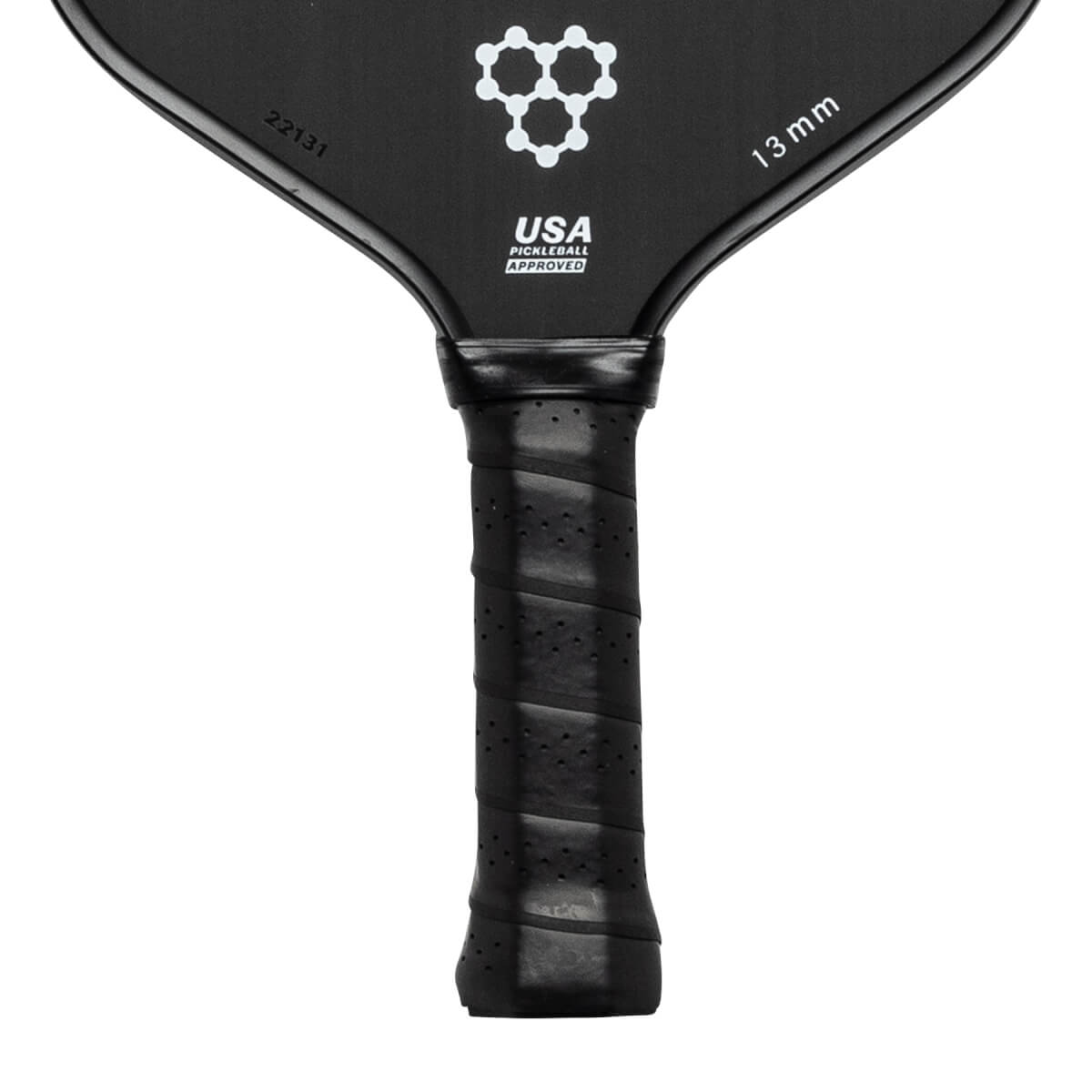 Top-down view of a black pickleball paddle with a white honeycomb logo, USA PICKLEBALL APPROVED text, and 13 mm marking.