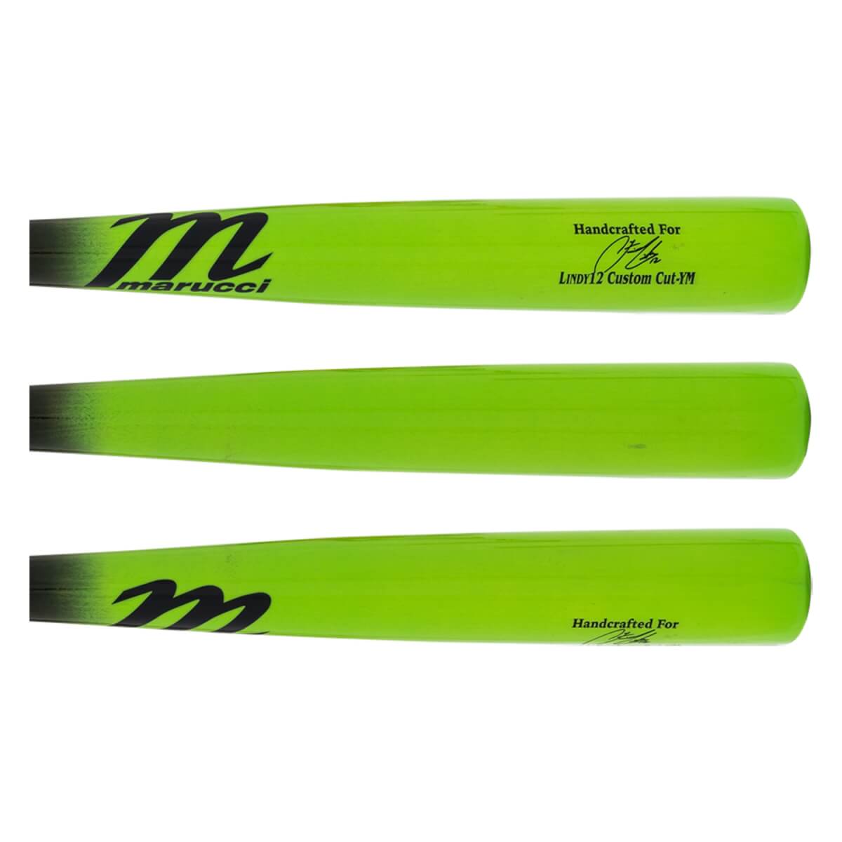 Side view of three lime green baseball bats with black handles, Marucci logo, and LINDY12 Custom Cut-YM text.