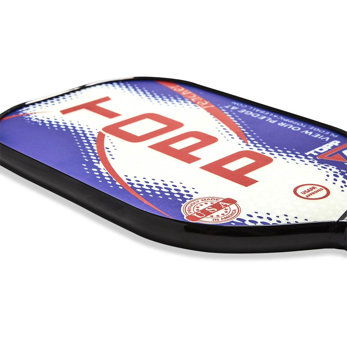 Top-down view of a white, blue, and red pickleball paddle with large red FOOD lettering and a Proudly Made in USA seal.