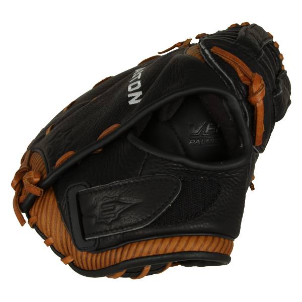 Top-down view of a black softball mitt with tan lacing and EASTON text.