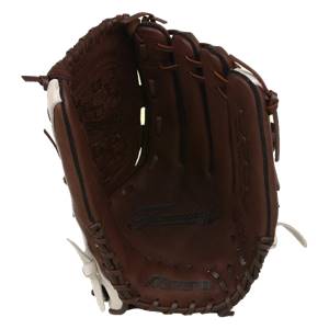 Front view of a brown Mizuno Franchise Series softball glove with white accents and Franchise text.