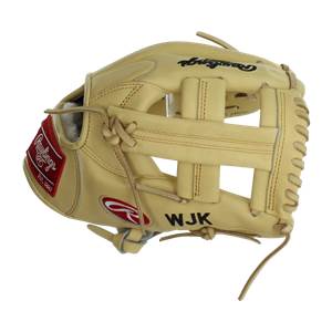 Side view of a tan baseball glove with a red Rawlings logo and WJK embroidered.