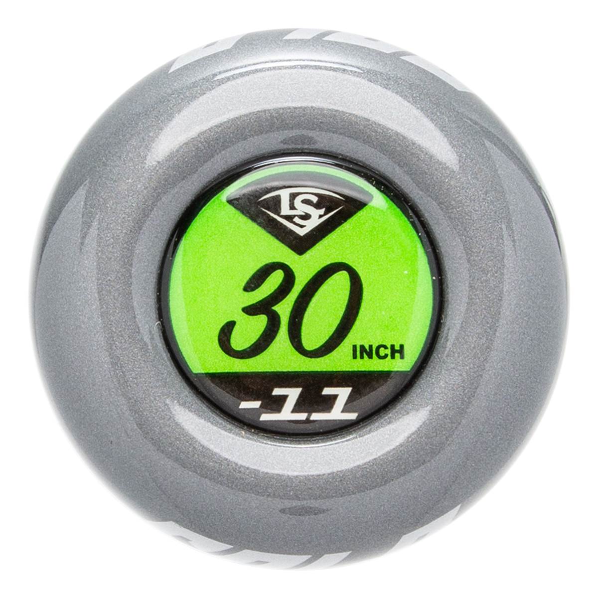 End cap view of a silver baseball bat with a green insert showing LS logo, 30, and -11.