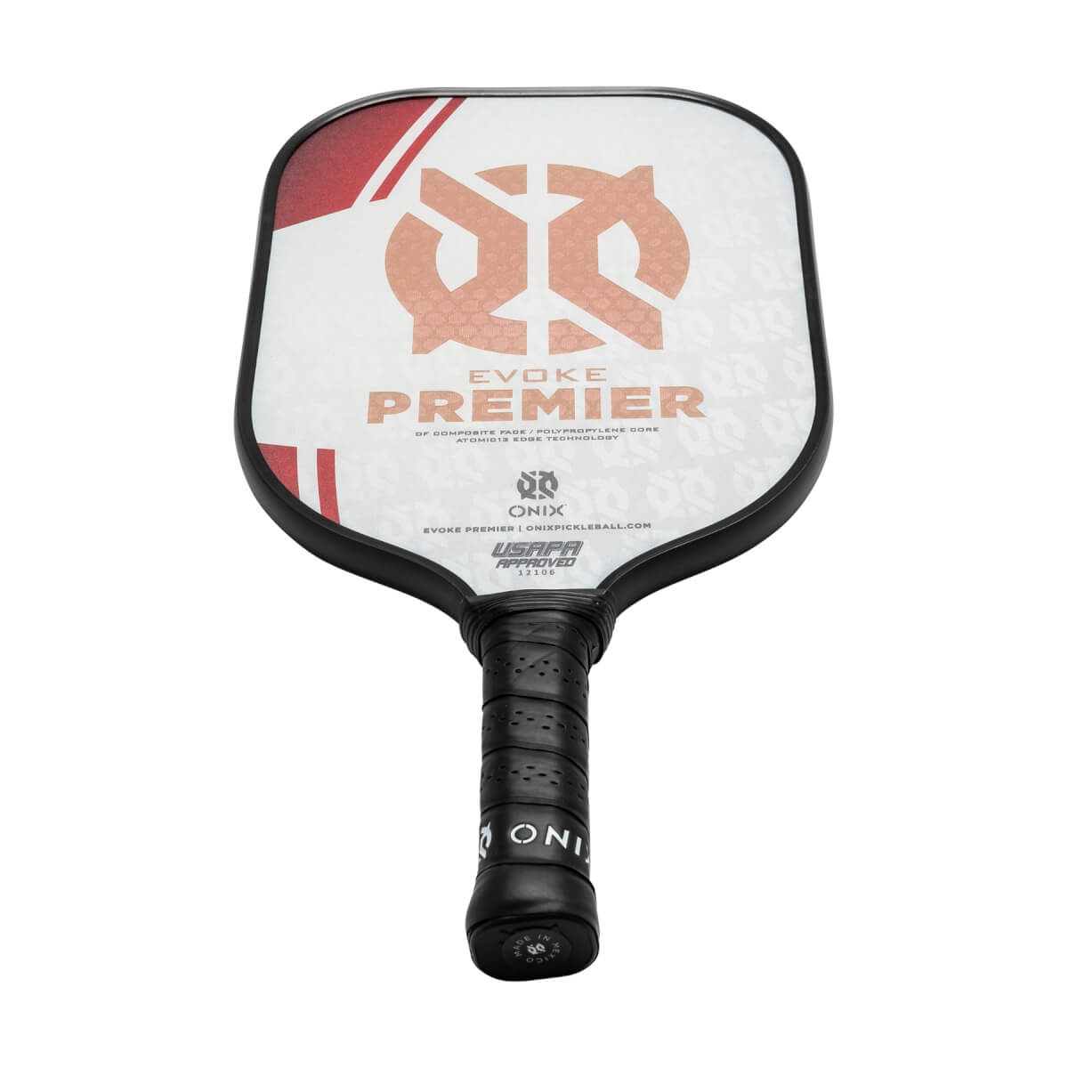 Front view of a white and red pickleball paddle with EVOKE PREMIER text and a black grip.