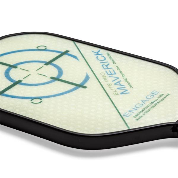 Corner view of a white pickleball paddle with blue and green target graphics, Maverick Elite Pro, and Engage branding.
