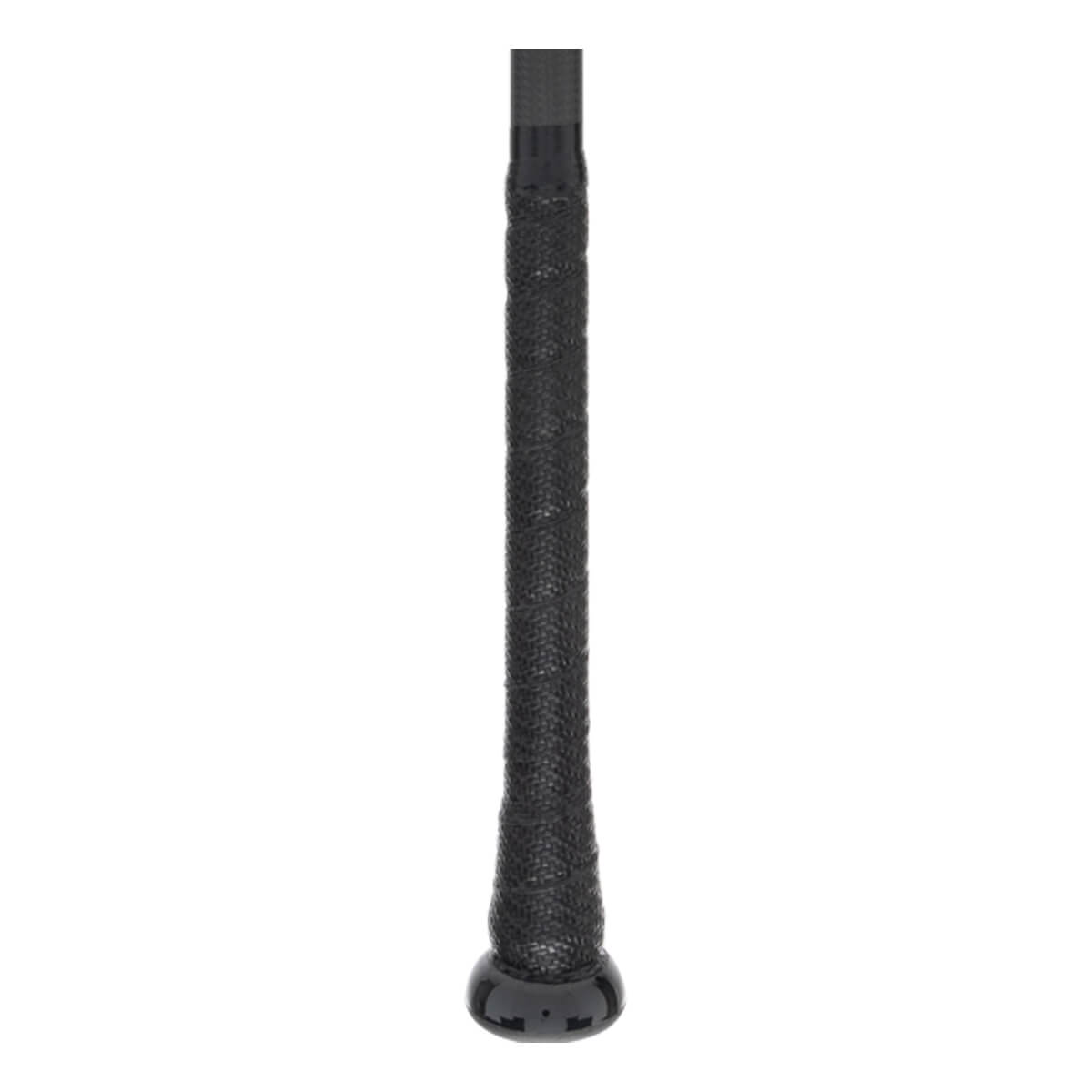 Close-up of a black baseball bat grip with a textured pattern and a shiny black knob.