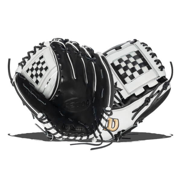 Front and back views of a black and white softball glove featuring a checkered basket web, gold Wilson logo, and embossed Wilson and A2000 text.