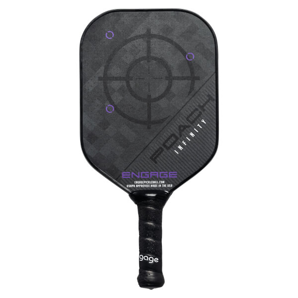 Front view of a black pickleball paddle with a target design, POACH INFINITY text, and ENGAGE logo.