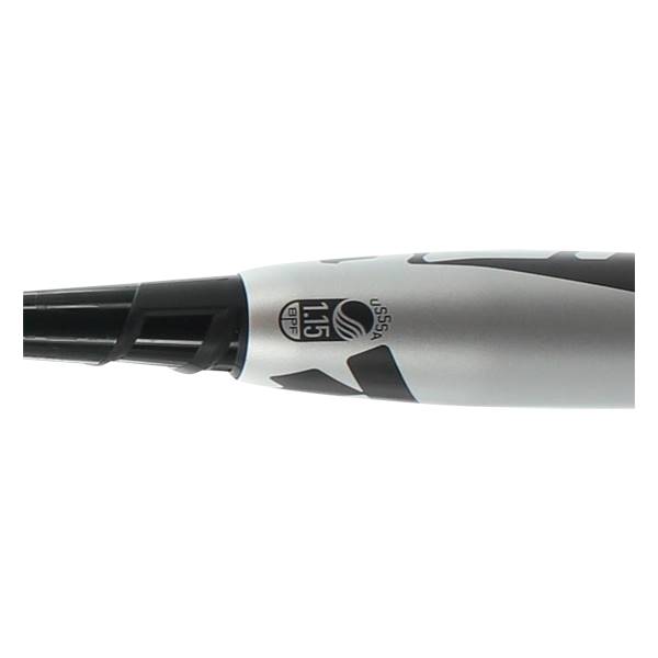Close-up of a silver baseball bat with black grip, USSSA 1.15 BPF logo, and black accents.