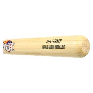 Side view of a natural wood D-BAT softball bat with DB-SBMT OFFICIAL BAMBOO SOFTBALL BAT text.