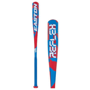 Front and close-up views of a red and blue baseball bat featuring bold white "EASTON" and "REFLEX" branding and a blue textured grip handle.