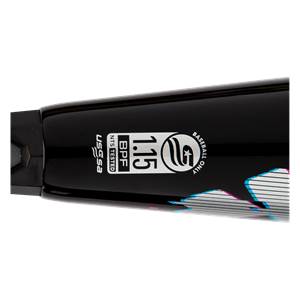 Side view of a black baseball bat with USSSA, BPF 1.15, and BASEBALL ONLY text.