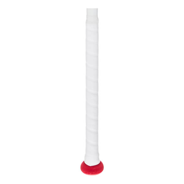 Close-up of a white softball bat grip with a red end cap.
