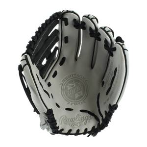 Top-down view of a white baseball glove with black lacing and Rawlings branding.