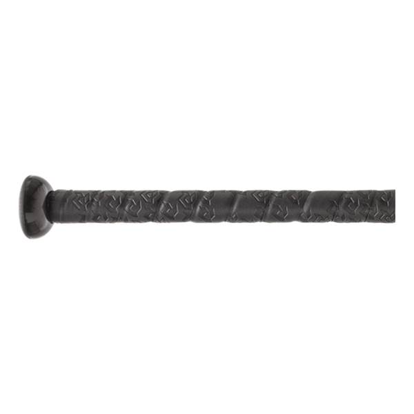 Side view of a black baseball bat with a textured grip and a rounded end cap.