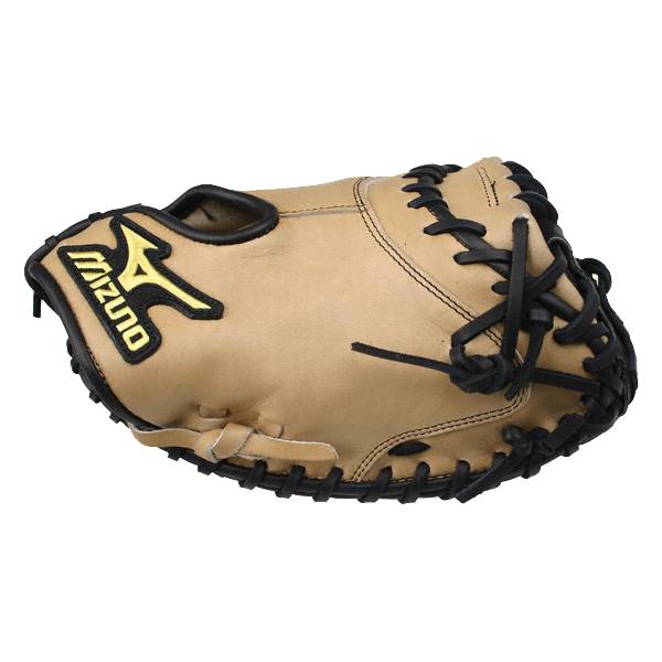Top-down view of a tan catchers mitt with black lacing and a yellow Mizuno logo.