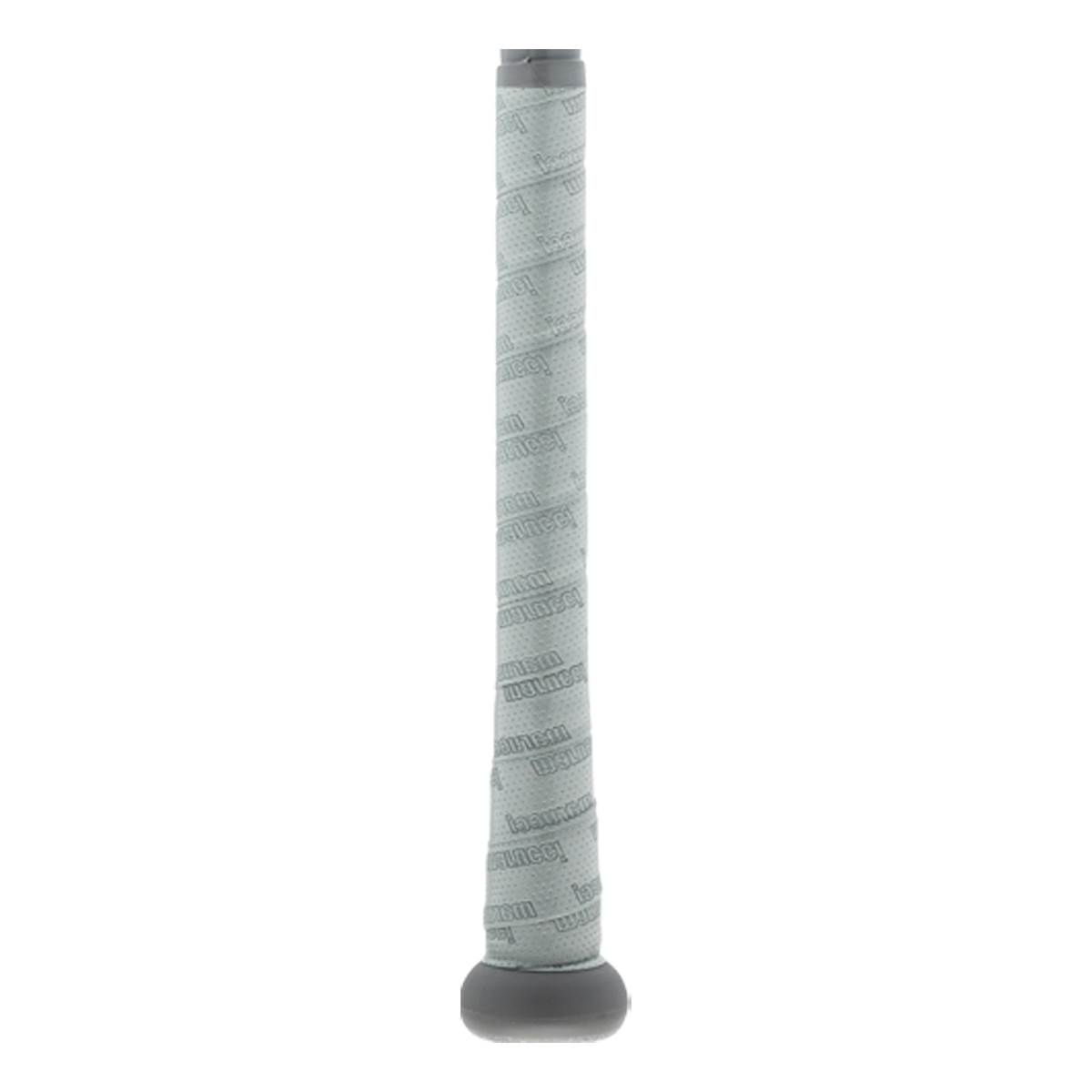 Close-up of a grey baseball bat grip with repeating Marucci text.