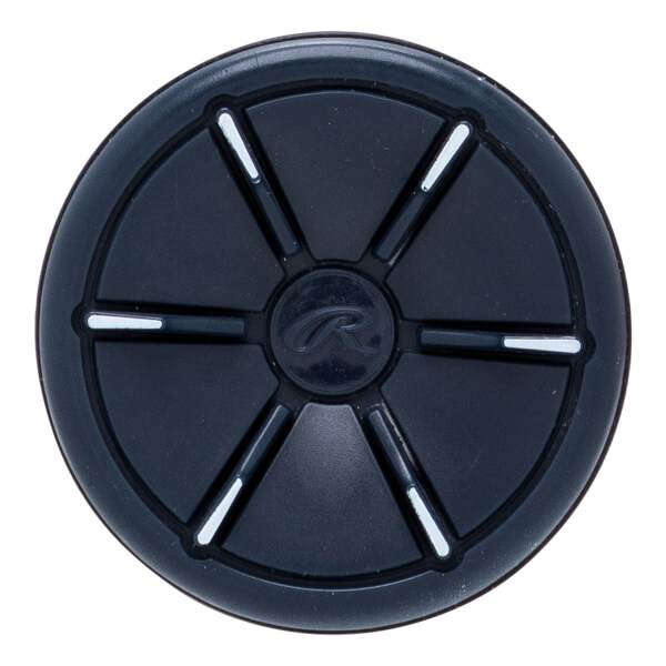 Top-down view of a black softball bat end cap with a circular segmented design, white accents, and a central Rawlings logo.