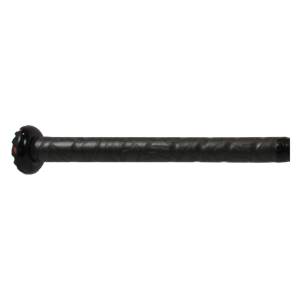 Side view of a black fastpitch softball bat with a textured grip and red end cap.