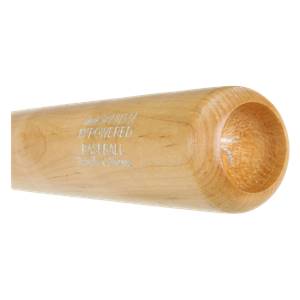 Close-up of a natural wood baseball bat with M^POWERED BASEBALL branding and a cupped end.