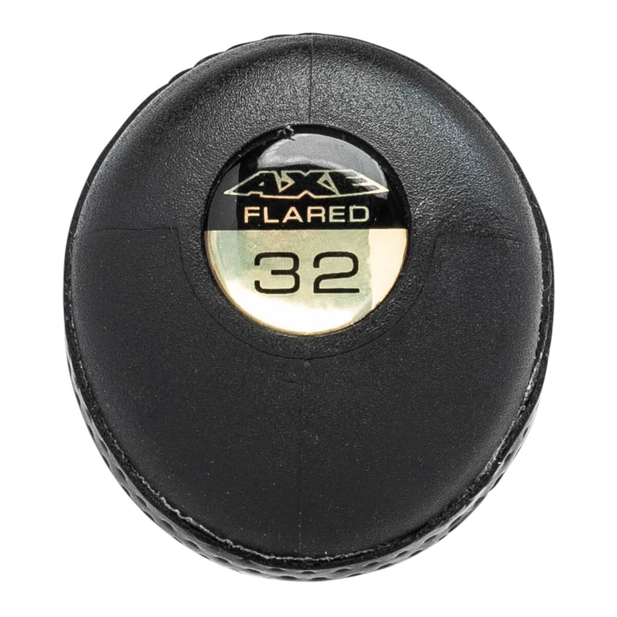 Bottom view of the black textured handle knob featuring a gold circular inset with the words AXE and FLARED above the number 32.