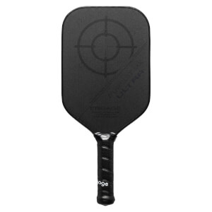 Front view of a black pickleball paddle with a target design, PURSUIT MX ULTRA, and ENGAGE branding.