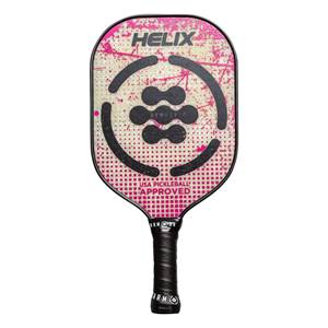 Front view of a pink and white pickleball paddle with HELIX and USA PICKLEBALL APPROVED text.