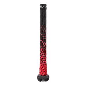 Close-up of a black and red baseball bat grip with a geometric pattern and Rawlings logo.