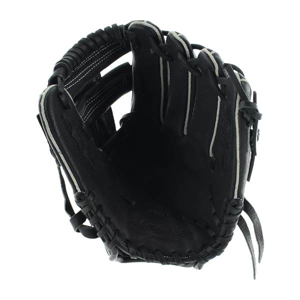 Top-down view of a black baseball glove with white stitching and lacing.