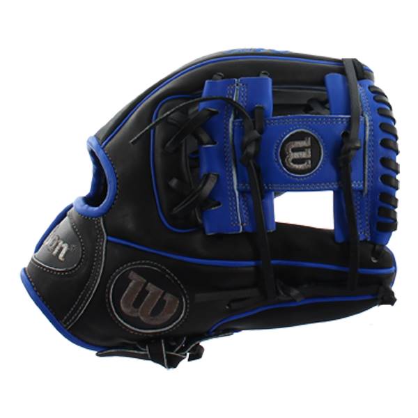 Side view of a black and blue baseball glove with Wilson branding and black lacing.