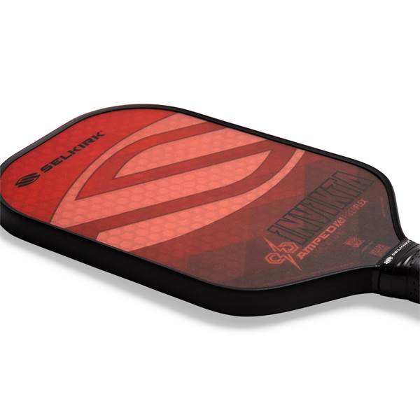 Top-down view of a red pickleball paddle with Selkirk branding and Invikta text.