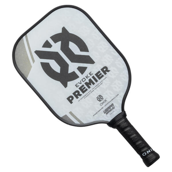 Top-down view of a white pickleball paddle with black branding, EVOKE PREMIER text, and a textured grip.