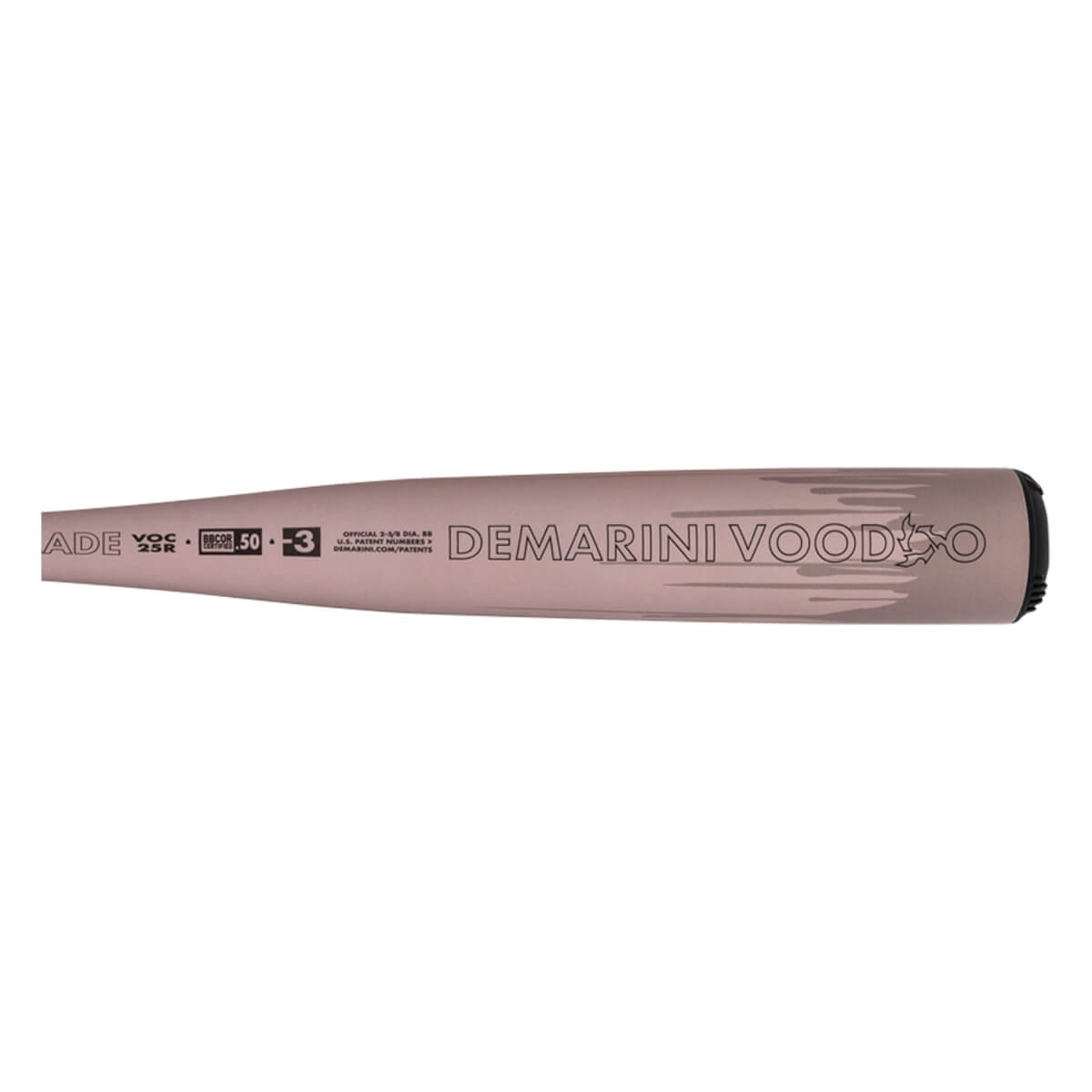 Side view of a rose gold baseball bat with DEMARINI VOODOO ONE printed on the barrel and a black end cap.
