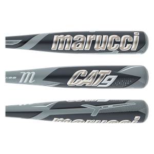 Three views of a gray and black baseball bat with marucci and CAT9 branding.