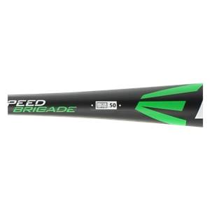 Side view of a black baseball bat with green SPEED BRIGADE text and green Easton logo.