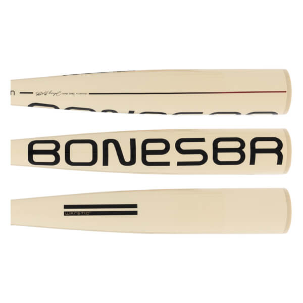 Detail view of a cream baseball bat with BONESBR text, WARSTIC logo, and black and red lines.