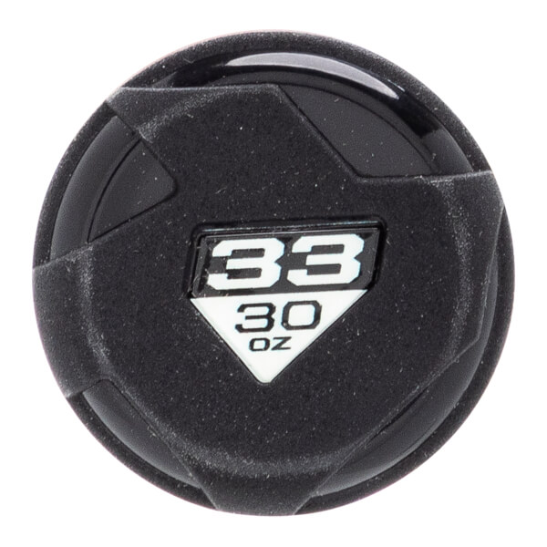 Top-down view of a black baseball bat end cap with 33 30 OZ labeling.