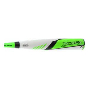 Side view of a white and green baseball bat with Z-CORE HYBRID text and green diagonal stripes.