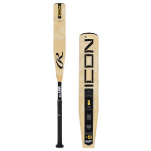 Front view of a tan baseball bat with black Rawlings logo, ICON text, and USA label.