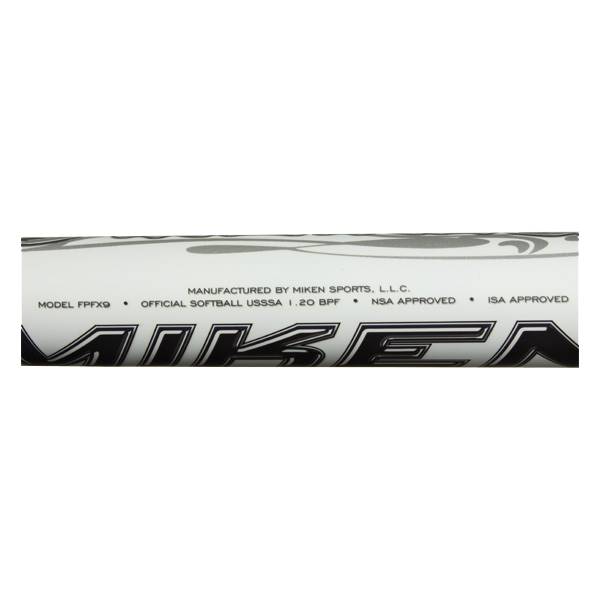 Close-up of a white Miken softball bat with black lettering including MODEL FPFX9, OFFICIAL SOFTBALL USSSA 1.20 BPF, and NSA APPROVED.