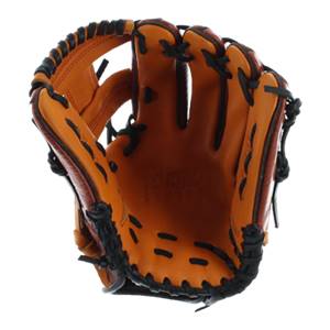Interior view of an orange baseball glove with black lacing and TORINO embossed on the palm.