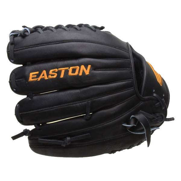 Side view of a black Easton baseball glove with orange embroidered branding and leather lacing.