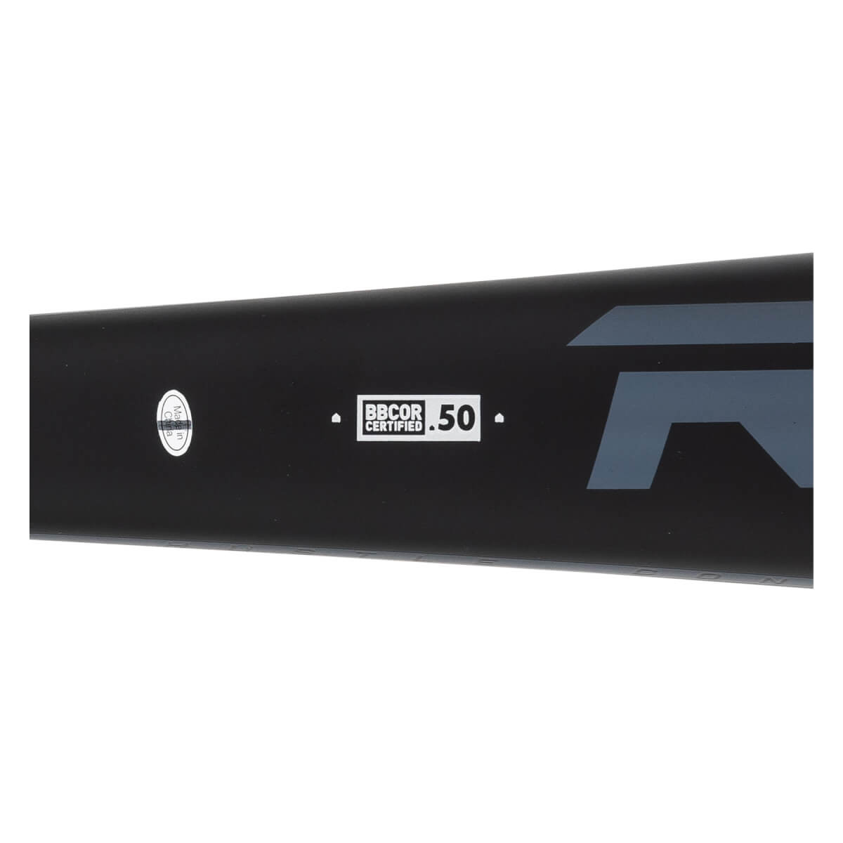Side view of a black baseball bat with BBCOR CERTIFIED .50 text and a gray logo.
