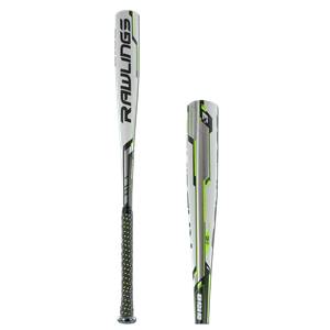 Front view of a white baseball bat with black and green accents and Rawlings branding.