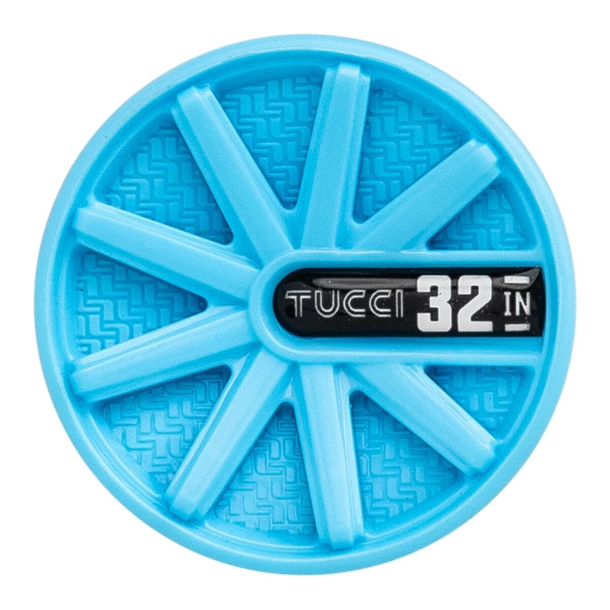 Top-down view of a light blue bat end cap with a radial spoke design and TUCCI 32 IN printed in the center.