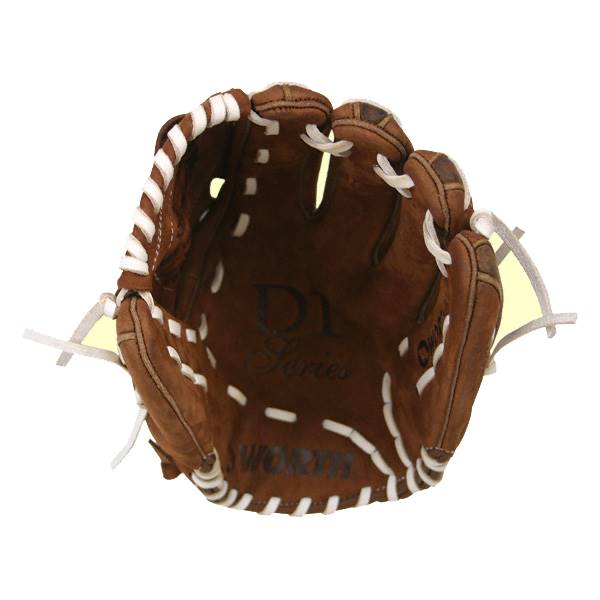 Top-down view of a brown baseball glove with white stitching and D1 Series branding.